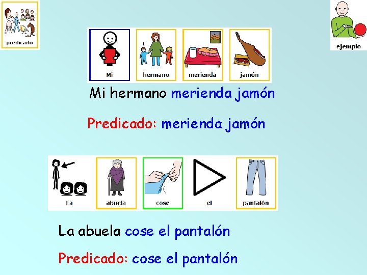 Mi hermano merienda jamón Predicado: merienda jamón La abuela cose el pantalón Predicado: cose