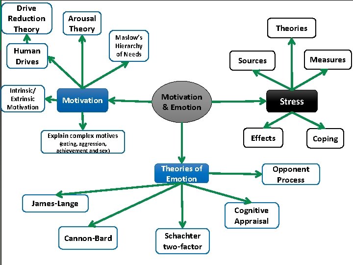 Drive Reduction Theory Arousal Theory Human Drives Intrinsic/ Extrinsic Motivation Theories Maslow’s Hierarchy of