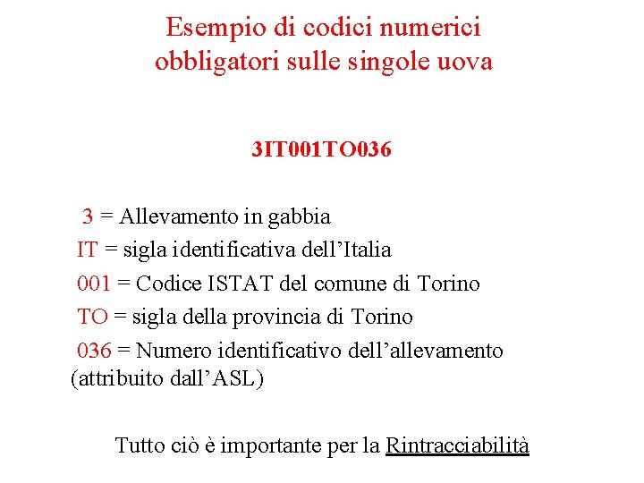 Esempio di codici numerici obbligatori sulle singole uova 3 IT 001 TO 036 3 Esempio di codici numerici obbligatori sulle singole uova 3 IT 001 TO 036 3