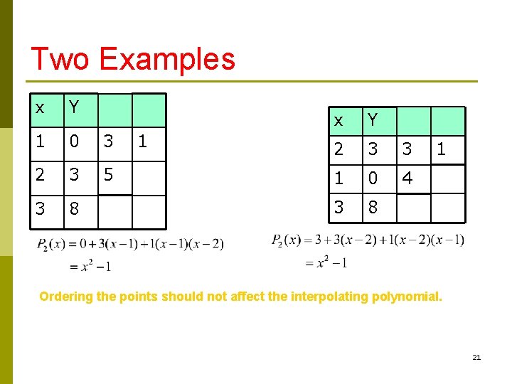 Two Examples x Y 1 0 3 2 3 5 3 8 1 x