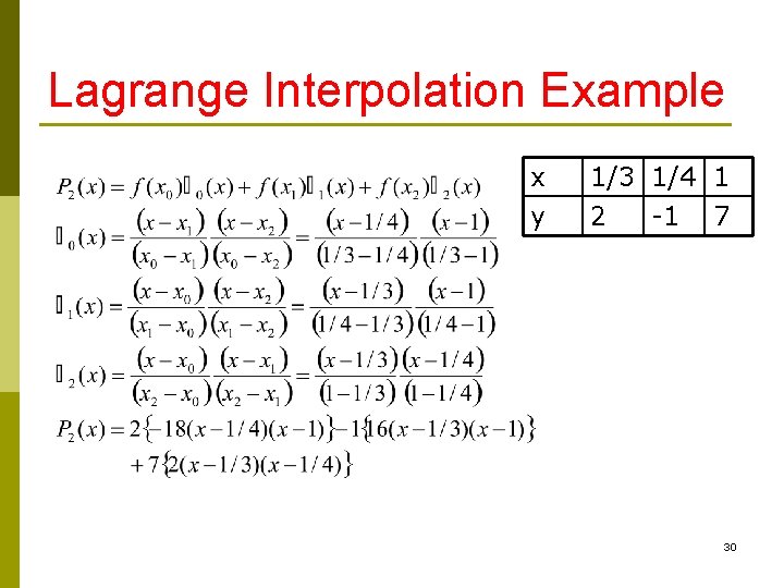 Lagrange Interpolation Example x y 1/3 1/4 1 2 -1 7 30 