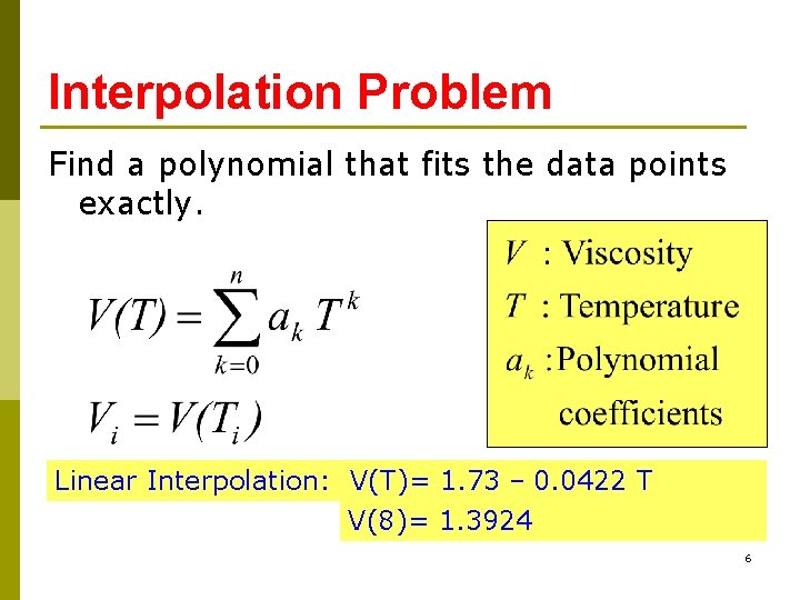 Interpolation Problem Find a polynomial that fits the data points exactly. Linear Interpolation: V(T)=