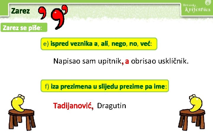 Zarez se piše: e) ispred veznika a, ali, nego, no, već: Napisao sam upitnik