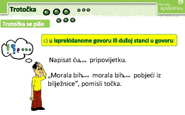 Trotočka se piše: c) u isprekidanome govoru ili dužoj stanci u govoru: Napisat ću