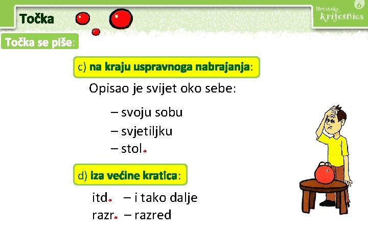 Točka se piše: c) na kraju uspravnoga nabrajanja: Opisao je svijet oko sebe: –