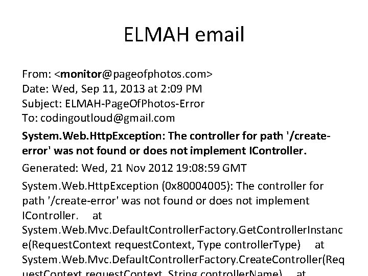 ELMAH email From: <monitor@pageofphotos. com> Date: Wed, Sep 11, 2013 at 2: 09 PM ELMAH email From: <monitor@pageofphotos. com> Date: Wed, Sep 11, 2013 at 2: 09 PM