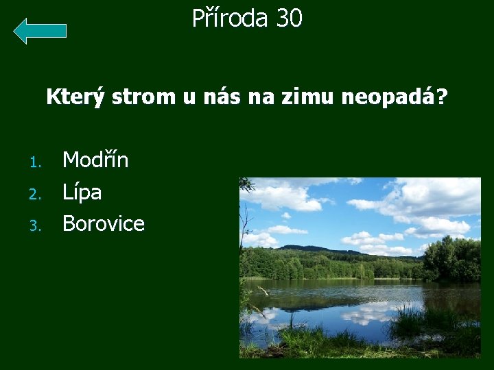 Příroda 30 Který strom u nás na zimu neopadá? 1. 2. 3. Modřín Lípa