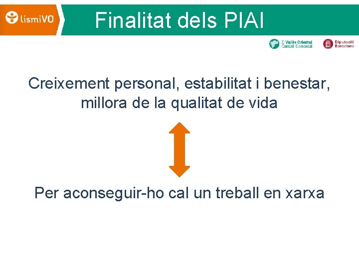 Finalitat dels PIAI Creixement personal, estabilitat i benestar, millora de la qualitat de vida