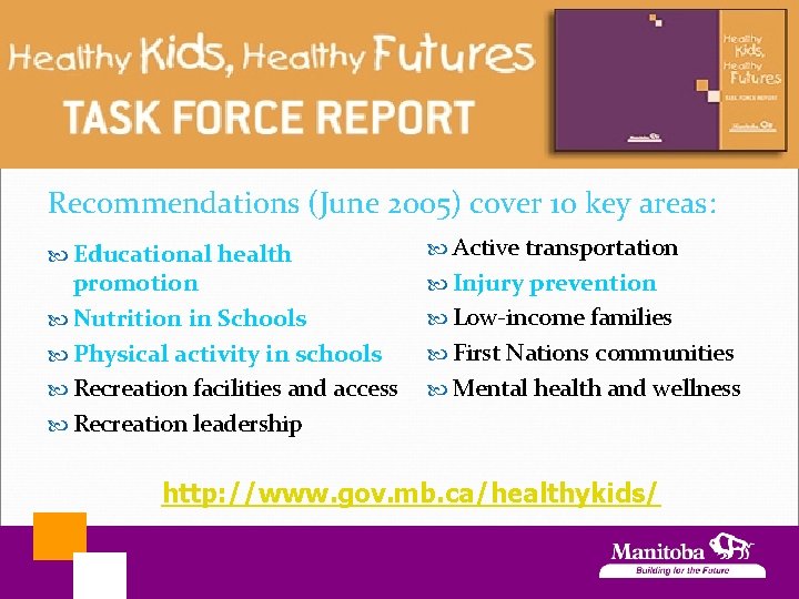 Recommendations (June 2005) cover 10 key areas: Educational health promotion Nutrition in Schools Physical