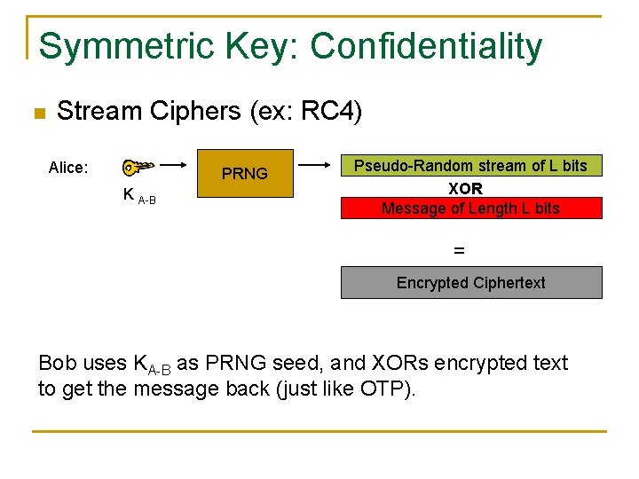 Symmetric Key: Confidentiality n Stream Ciphers (ex: RC 4) Alice: PRNG K A-B Pseudo-Random