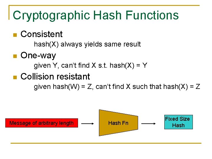 Cryptographic Hash Functions n Consistent hash(X) always yields same result n One-way given Y,