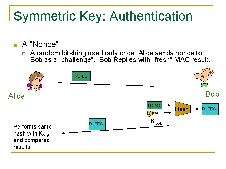 Symmetric Key: Authentication n A “Nonce” q A random bitstring used only once. Alice