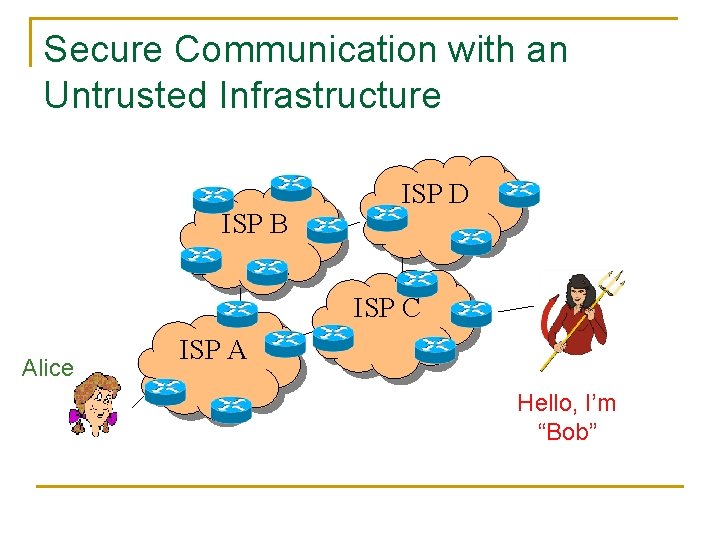 Secure Communication with an Untrusted Infrastructure ISP B ISP D ISP C Alice ISP