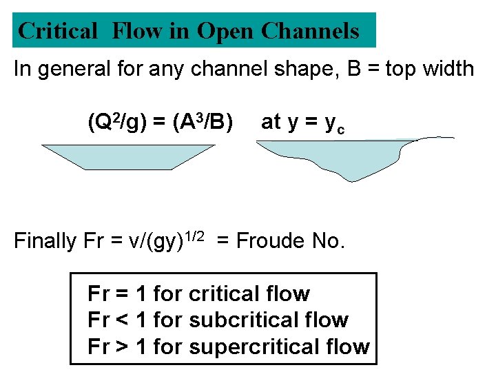 Critical Flow in Open Channels In general for any channel shape, B = top