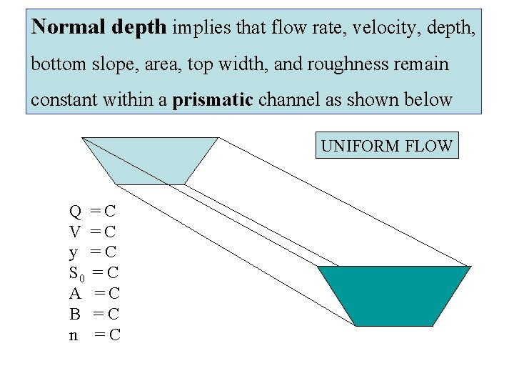Normal depth implies that flow rate, velocity, depth, bottom slope, area, top width, and