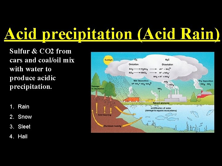 Acid precipitation (Acid Rain) Sulfur & CO 2 from cars and coal/oil mix with