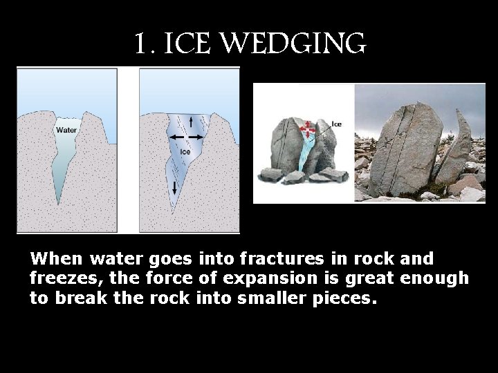 1. ICE WEDGING When water goes into fractures in rock and freezes, the force