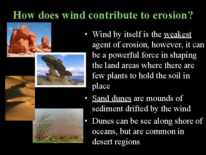 How does wind contribute to erosion? • Wind by itself is the weakest agent