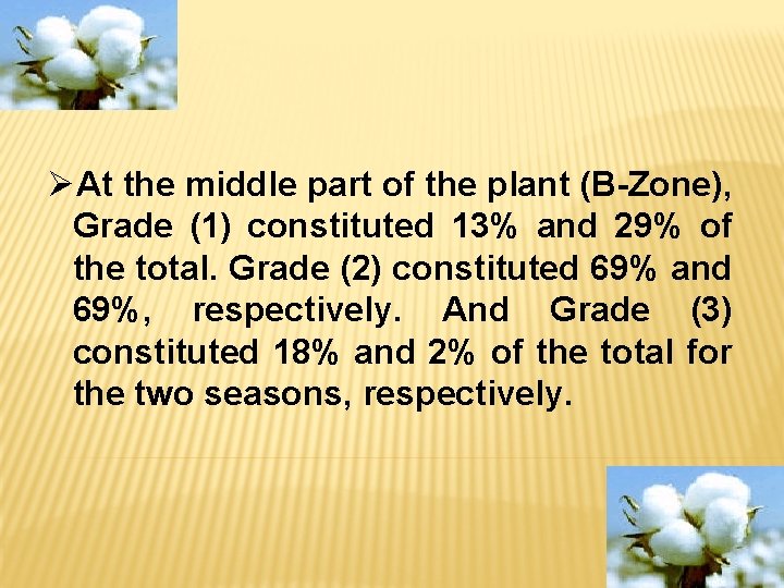 Ø At the middle part of the plant (B-Zone), Grade (1) constituted 13% and