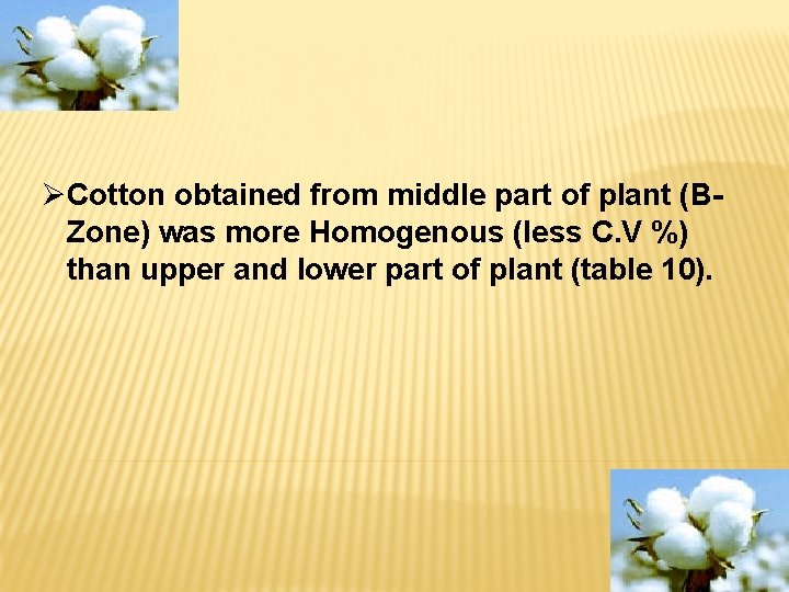  ØCotton obtained from middle part of plant (BZone) was more Homogenous (less C.