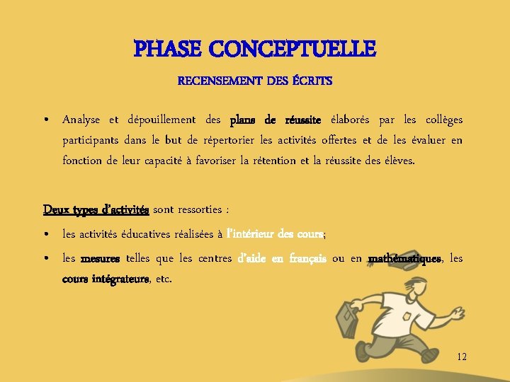 PHASE CONCEPTUELLE RECENSEMENT DES ÉCRITS • Analyse et dépouillement des plans de réussite élaborés