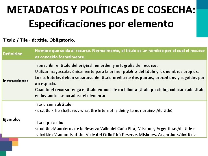 METADATOS Y POLÍTICAS DE COSECHA: Especificaciones por elemento Título / Tile - dc: title.