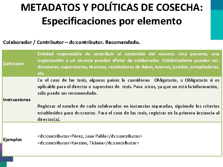 METADATOS Y POLÍTICAS DE COSECHA: Especificaciones por elemento Colaborador / Contributor – dc: contributor.
