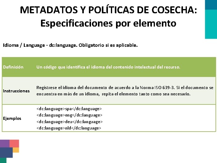 METADATOS Y POLÍTICAS DE COSECHA: Especificaciones por elemento Idioma / Language - dc: language.