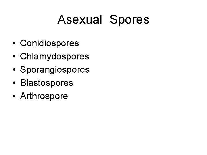 Asexual Spores • • • Conidiospores Chlamydospores Sporangiospores Blastospores Arthrospore 