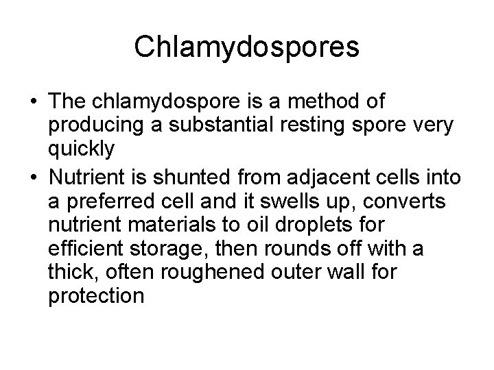 Chlamydospores • The chlamydospore is a method of producing a substantial resting spore very
