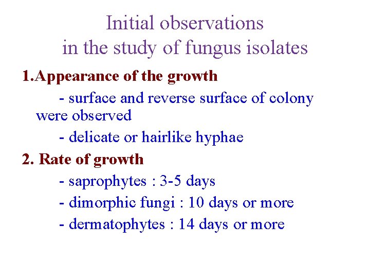 Initial observations in the study of fungus isolates 1. Appearance of the growth -