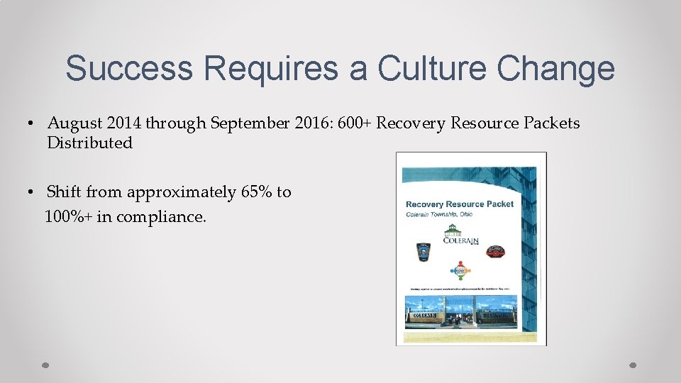 Success Requires a Culture Change • August 2014 through September 2016: 600+ Recovery Resource
