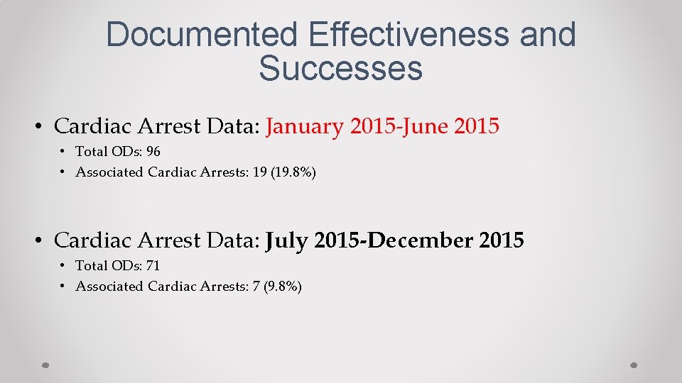 Documented Effectiveness and Successes • Cardiac Arrest Data: January 2015 -June 2015 • Total