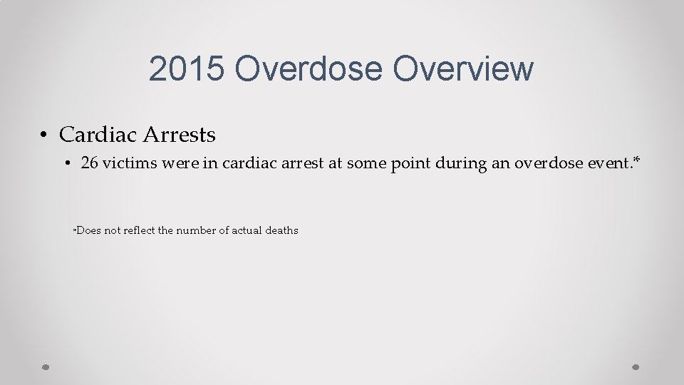 2015 Overdose Overview • Cardiac Arrests • 26 victims were in cardiac arrest at