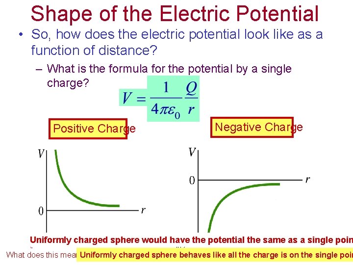 Shape of the Electric Potential • So, how does the electric potential look like