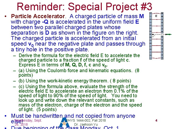 Reminder: Special Project #3 • Particle Accelerator. A charged particle of mass M with