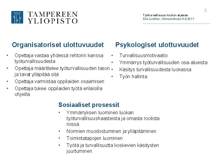 Työturvallisuus koulun arjessa Eila Lindfors, Hämeenlinnan 8. 9. 2011 Organisatoriset ulottuvuudet • • Psykologiset