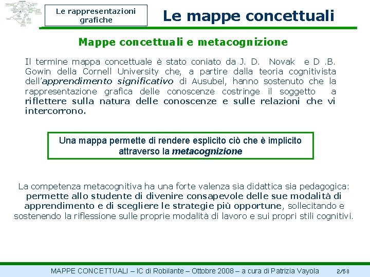 Le rappresentazioni grafiche Le mappe concettuali Mappe concettuali e metacognizione Il termine mappa concettuale