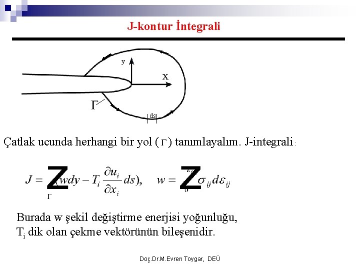 J-kontur İntegrali y x ds Çatlak ucunda herhangi bir yol ( ) tanımlayalım. J-integrali