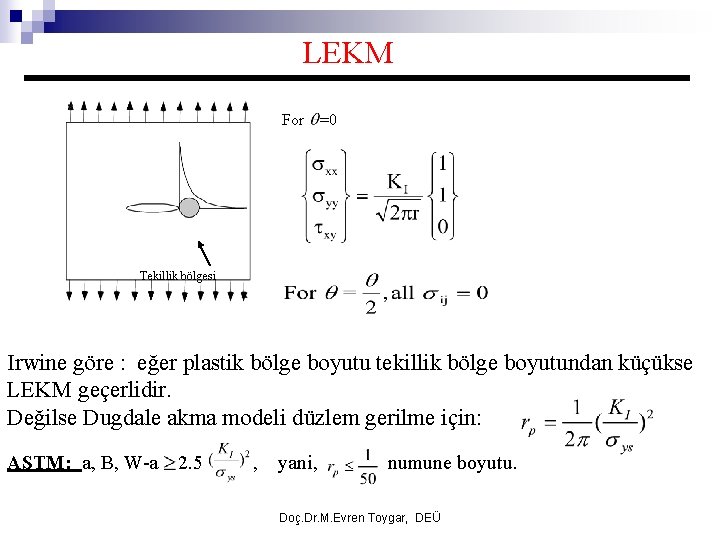 LEKM For =0 Tekillik bölgesi Irwine göre : eğer plastik bölge boyutu tekillik bölge