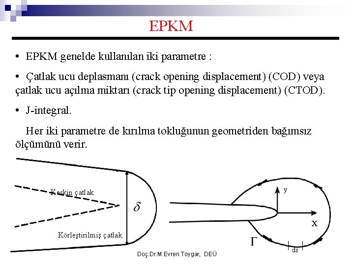 EPKM • EPKM genelde kullanılan iki parametre : • Çatlak ucu deplasmanı (crack opening