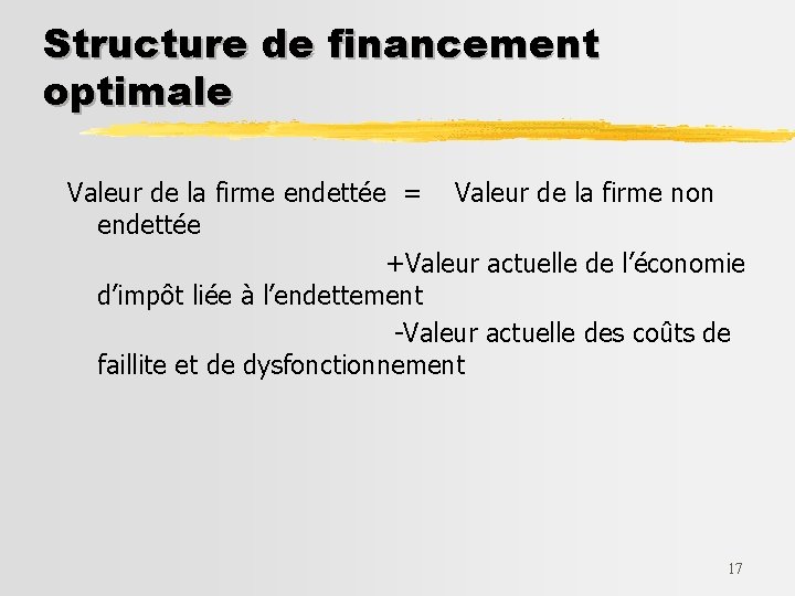 Structure de financement optimale Valeur de la firme endettée = Valeur de la firme