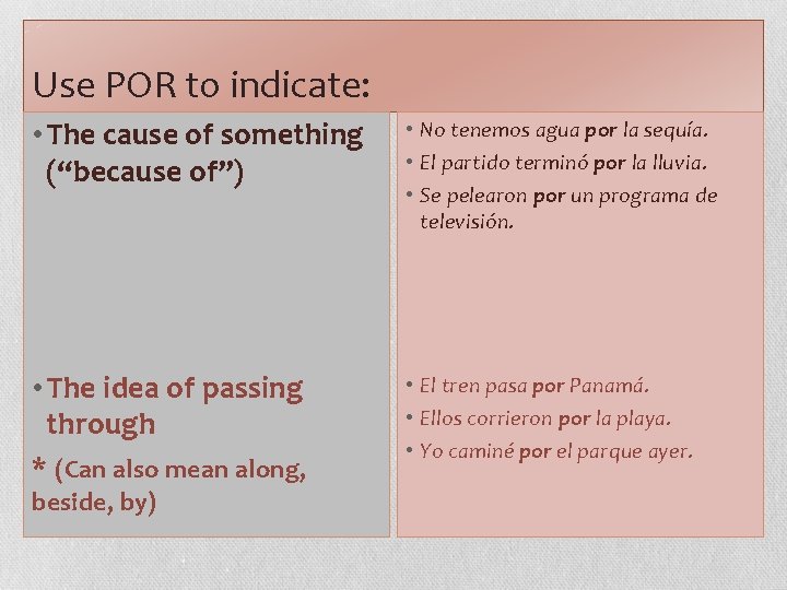 Use POR to indicate: • The cause of something (“because of”) • No tenemos