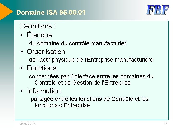 Domaine ISA 95. 00. 01 Définitions : • Étendue du domaine du contrôle manufacturier