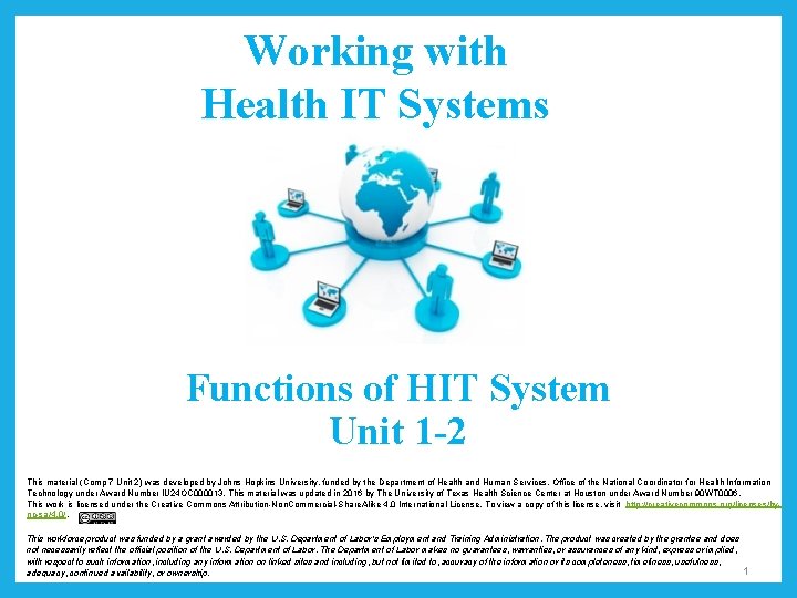 Working with Health IT Systems Functions of HIT System Unit 1 -2 This material