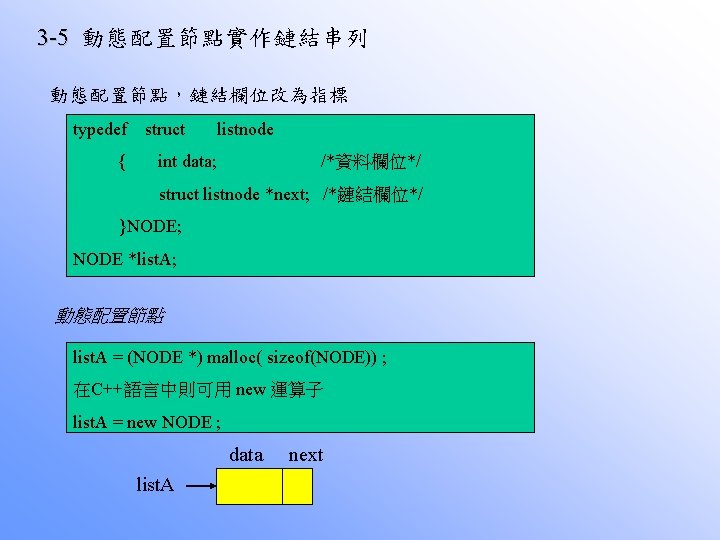 3 -5 動態配置節點實作鏈結串列 動態配置節點，鏈結欄位改為指標 typedef struct listnode { int data; /*資料欄位*/ struct listnode *next;