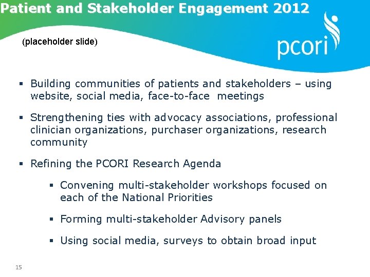 Patient and Stakeholder Engagement 2012 (placeholder slide) § Building communities of patients and stakeholders