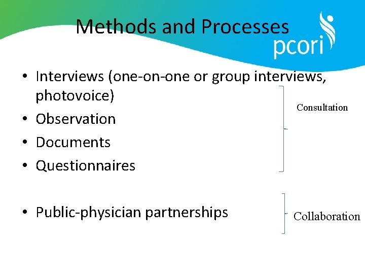 Methods and Processes • Interviews (one-on-one or group interviews, photovoice) Consultation • Observation •