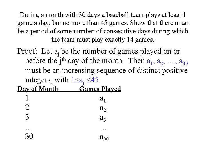 During a month with 30 days a baseball team plays at least 1 game