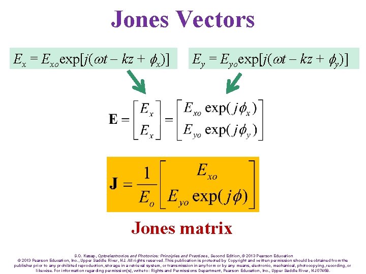 Jones Vectors Ex = Exoexp[j(wt - kz + fx)] Ey = Eyoexp[j(wt - kz